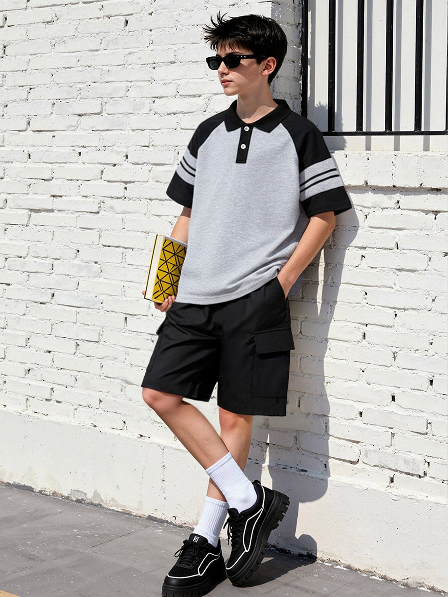 Boys Color Block Polo T-Shirt and Shorts Set