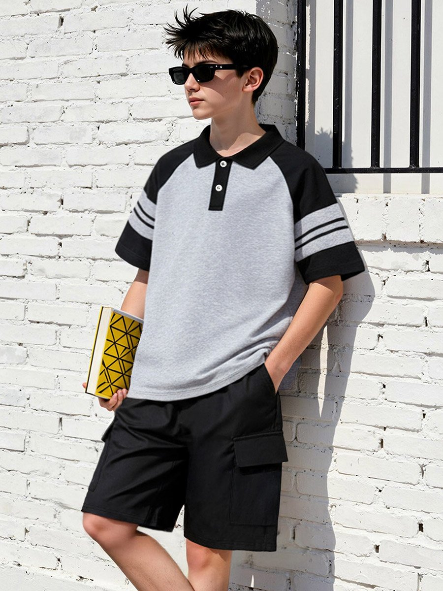 Boys Color Block Polo T-Shirt and Shorts Set