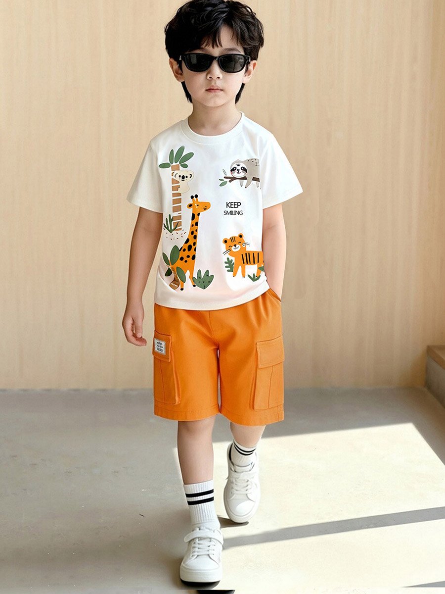 Boys White Graphic T-Shirt and Orange Shorts Set