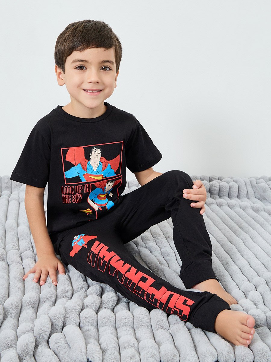 Boys Black Superman Cotton T-Shirt and Pants Set