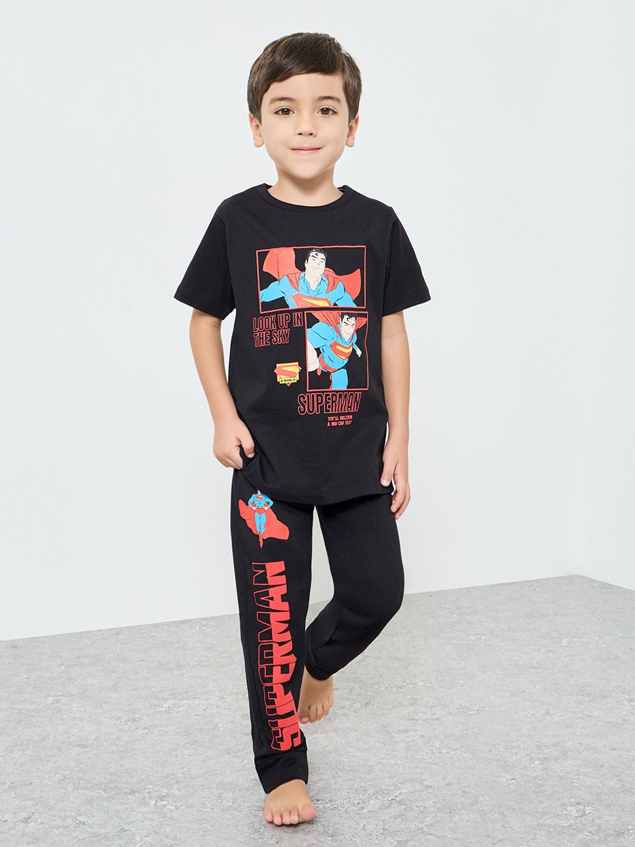 Boys Black Superman Cotton T-Shirt and Pants Set