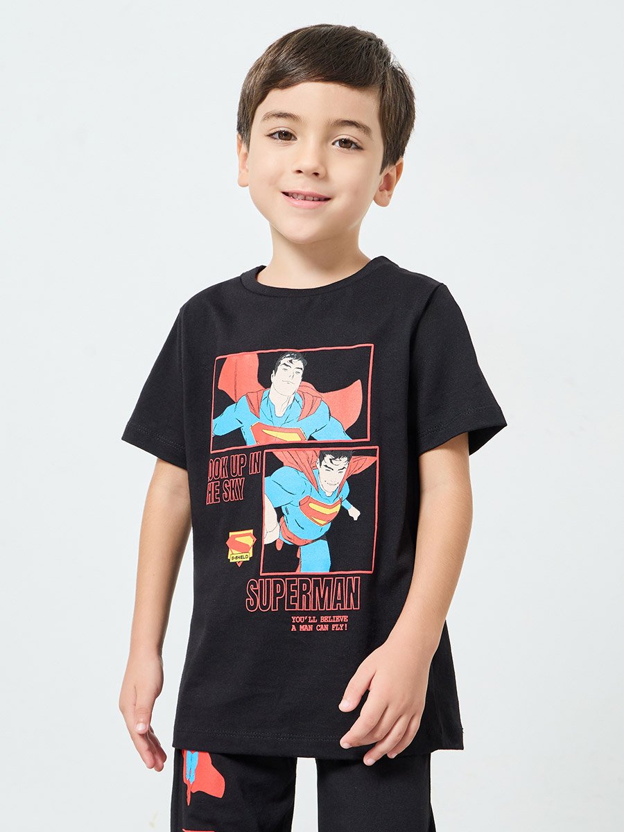 Boys Black Superman Cotton T-Shirt and Pants Set