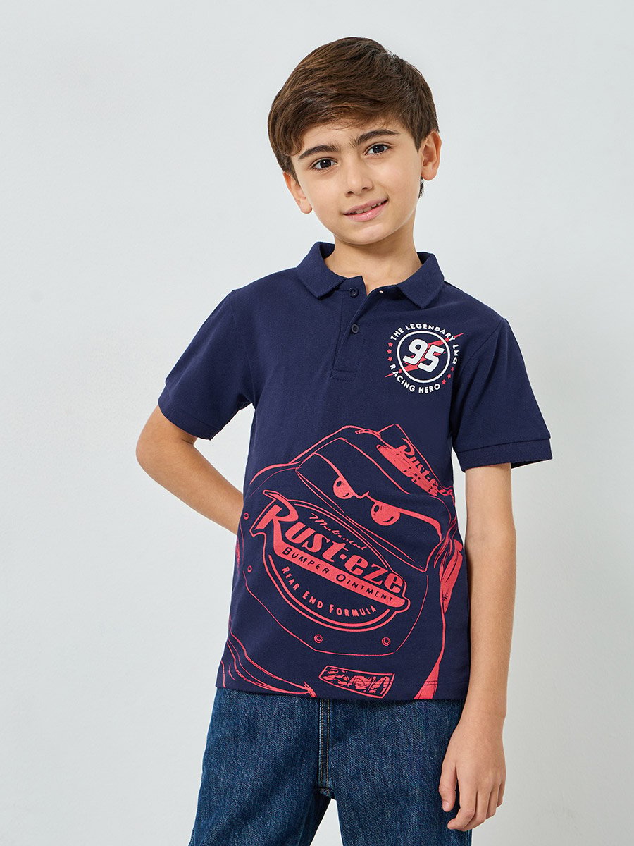 Boys Navy Blue Cars Graphic Polo T-Shirt