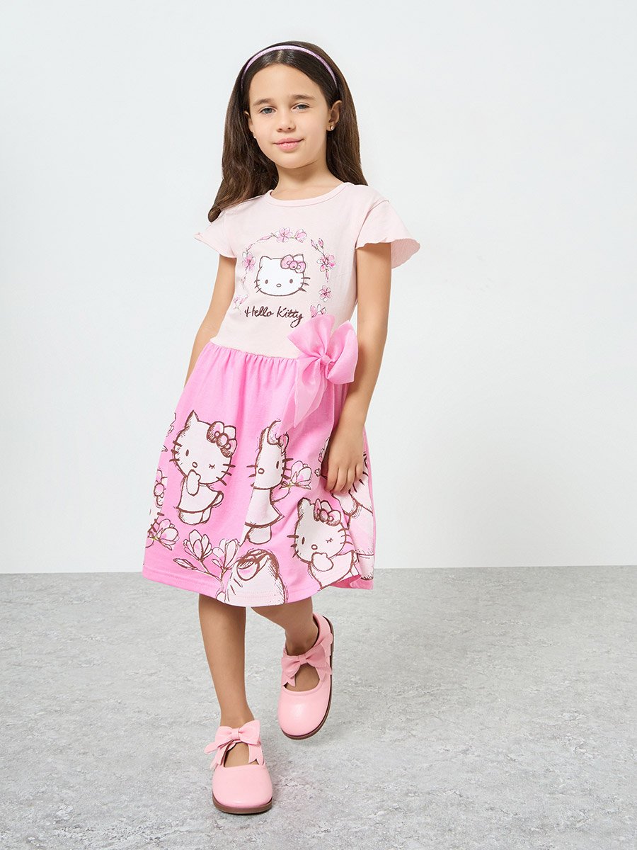Girls Pink Hello Kitty Dress with Bow Detail