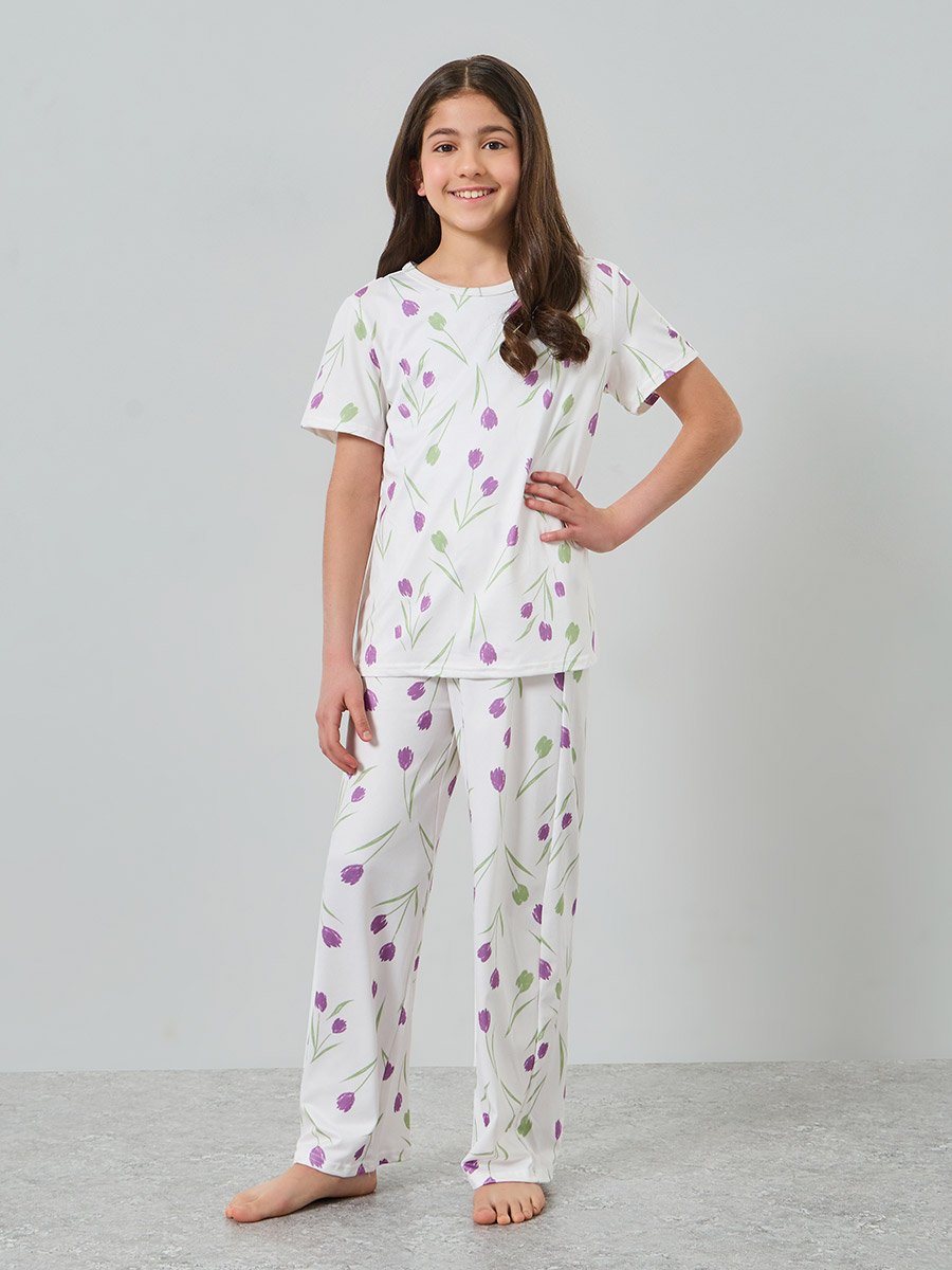 Girls Tulip Print Short Sleeve Top and Pyjama Set