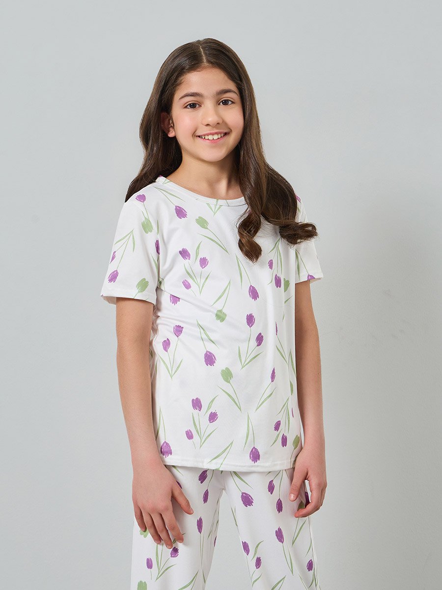Girls Tulip Print Short Sleeve Top and Pyjama Set