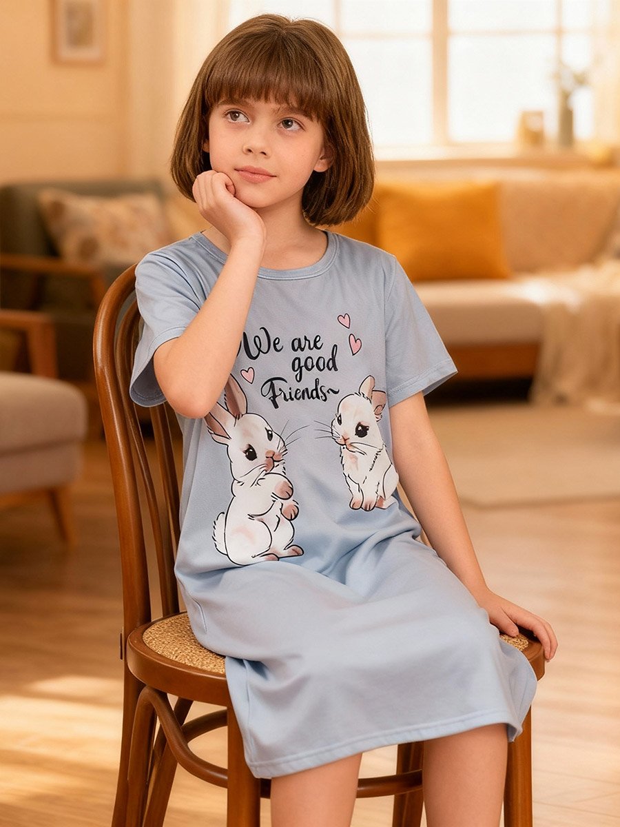 Girls Rabbit Print Short Sleeve Nightdress