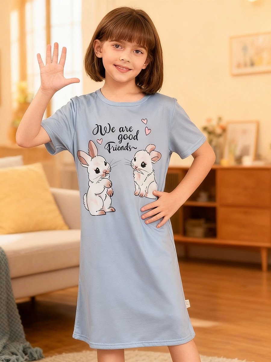 Girls Rabbit Print Short Sleeve Nightdress