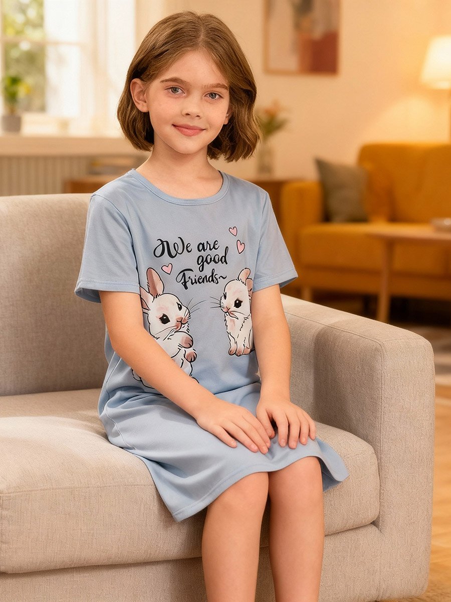 Girls Rabbit Print Short Sleeve Nightdress