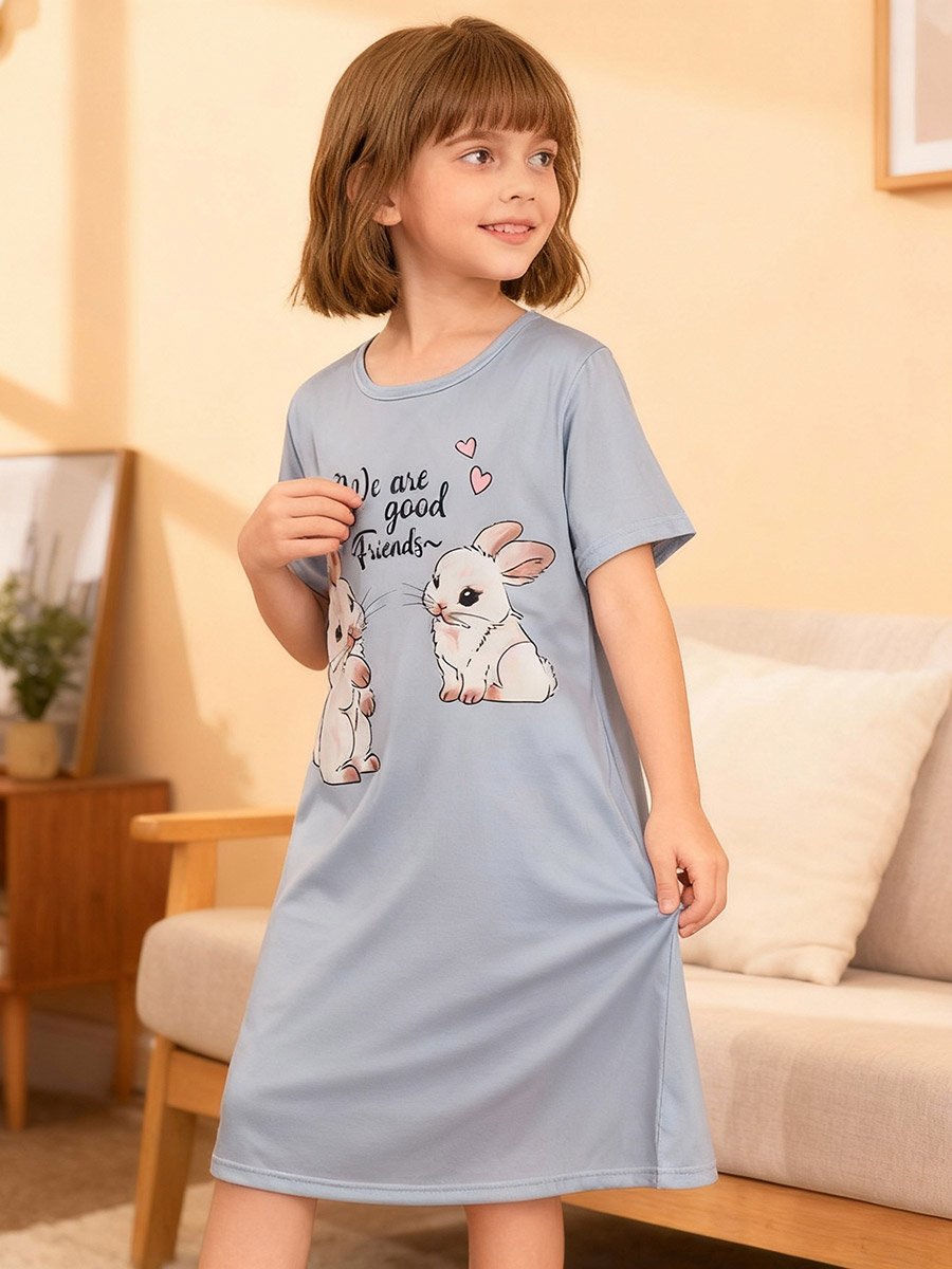 Girls Rabbit Print Short Sleeve Nightdress