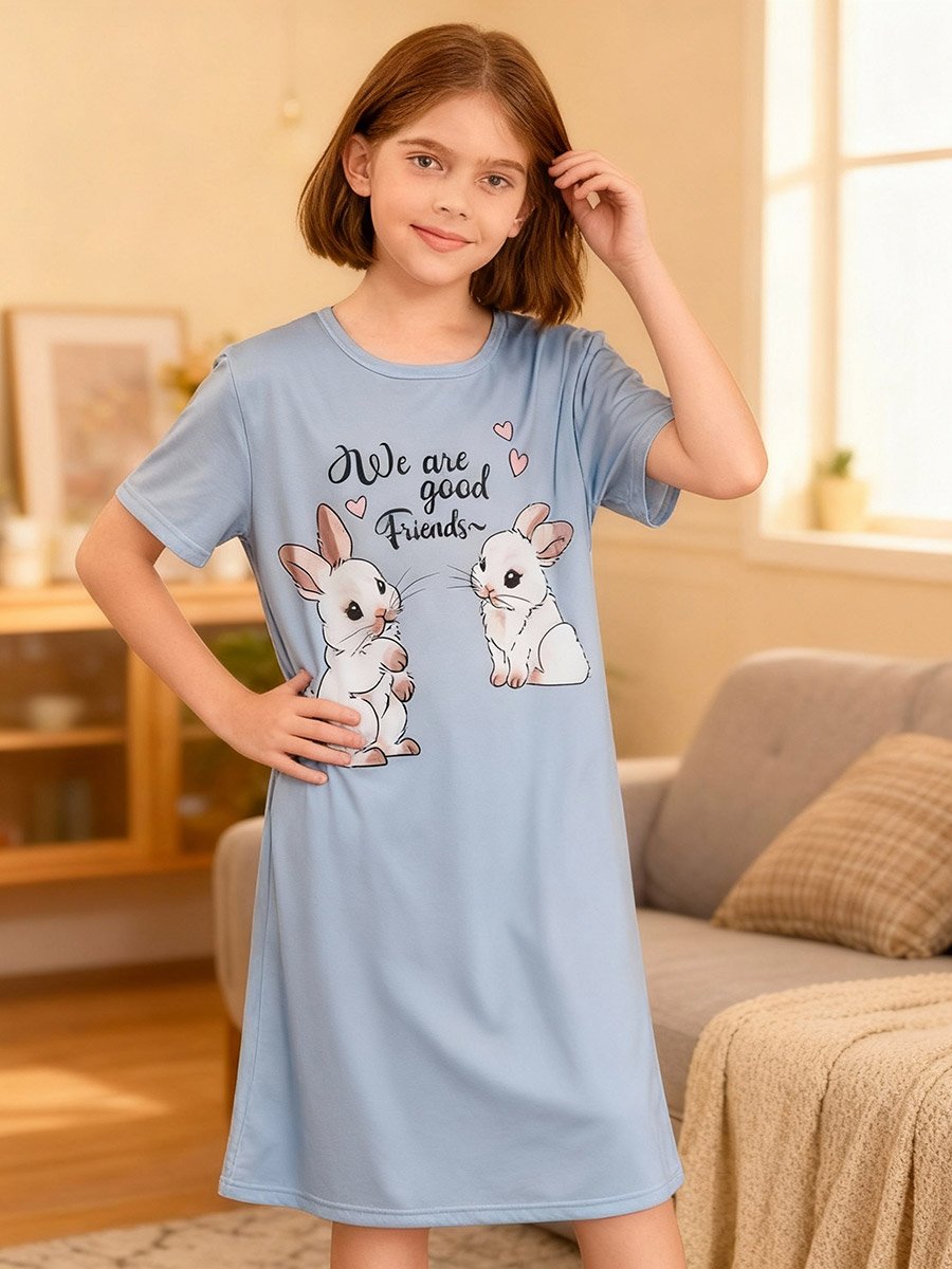 Girls Rabbit Print Short Sleeve Nightdress