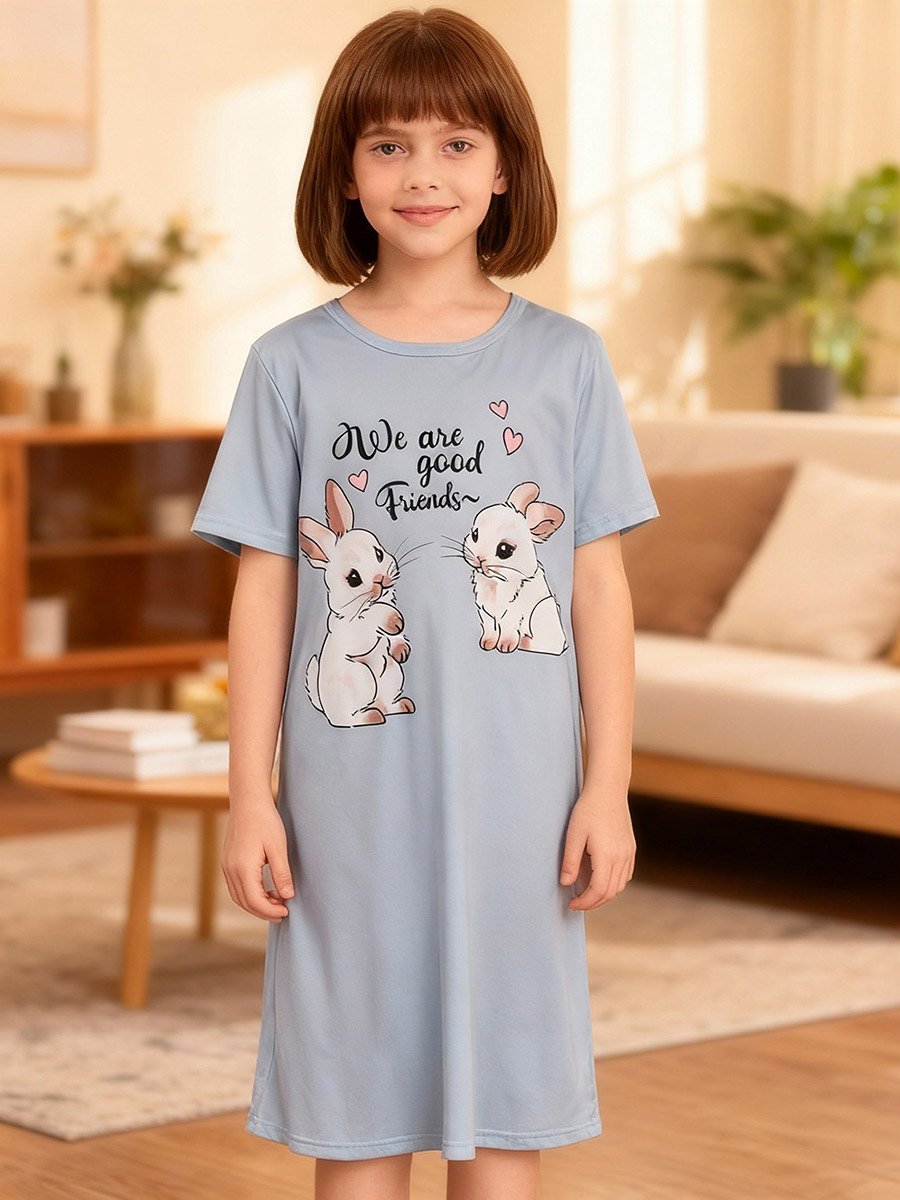 Girls Rabbit Print Short Sleeve Nightdress