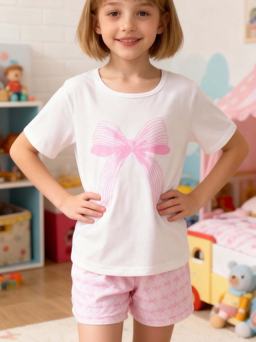 Girls Bow Print Top and Shorts Pyjama Set
