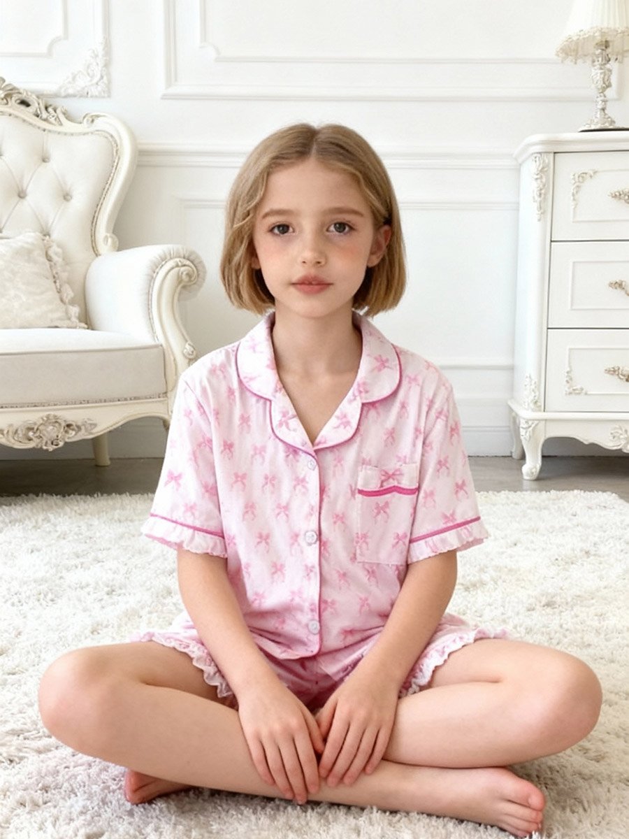 Girls Pink Bow Print Shirt and Shorts Pyjama Set