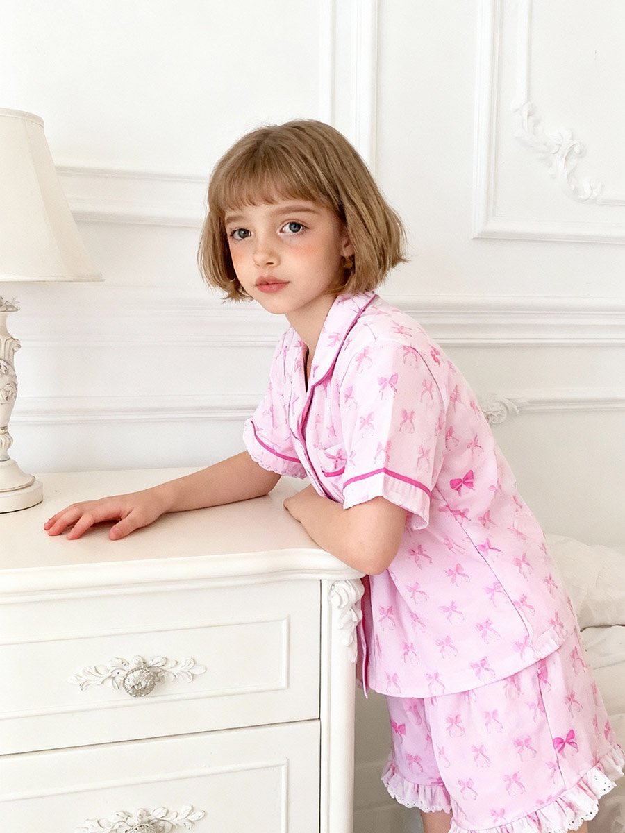 Girls Pink Bow Print Shirt and Shorts Pyjama Set