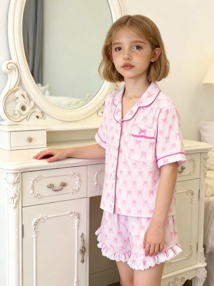 Girls Pink Bow Print Shirt and Shorts Pyjama Set