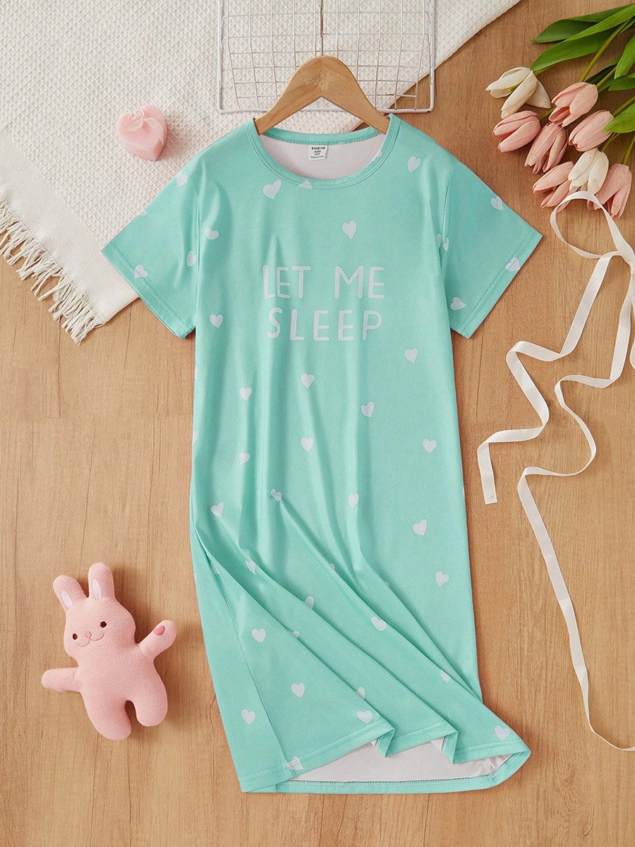Girls Green Heart Print Short Sleeve Nightdress