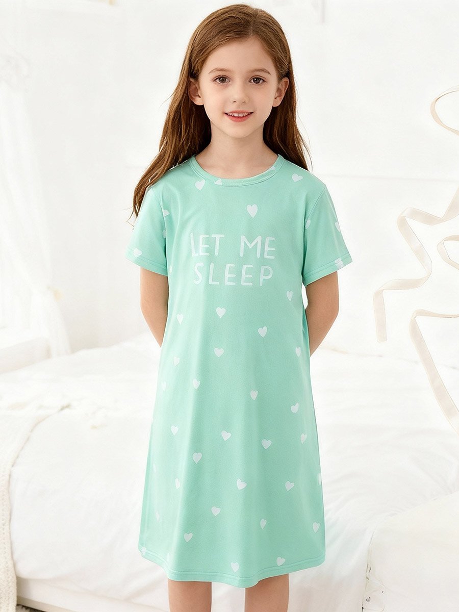 Girls Green Heart Print Short Sleeve Nightdress
