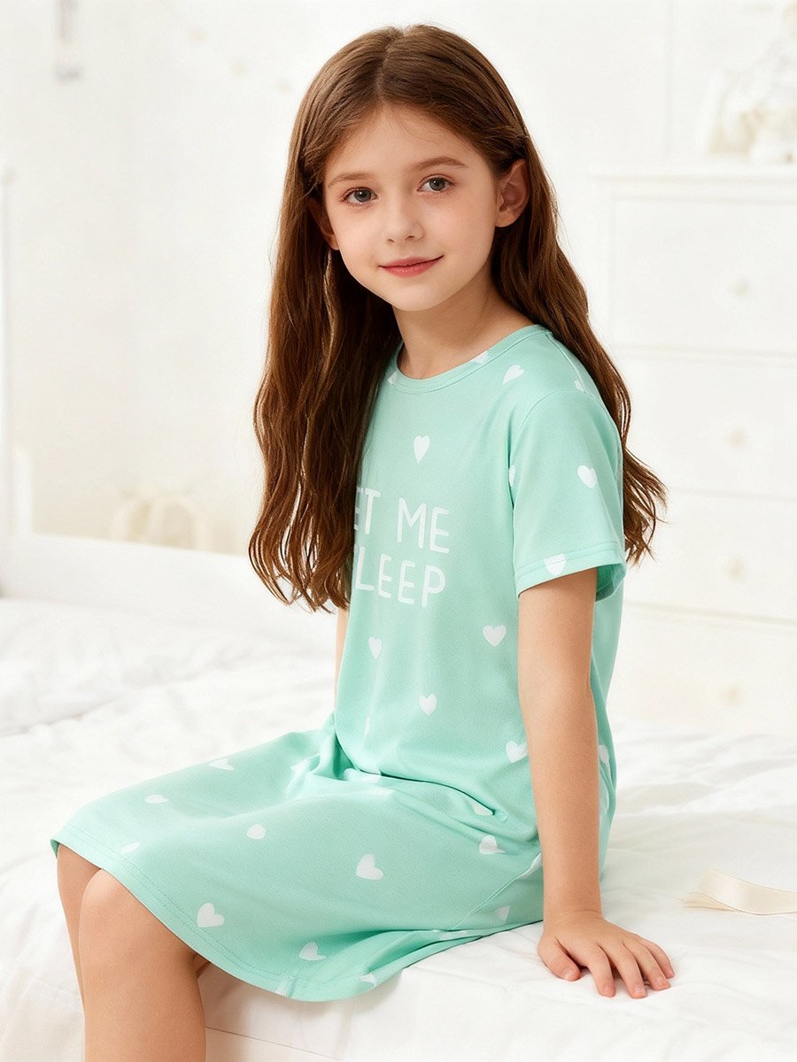 Girls Green Heart Print Short Sleeve Nightdress