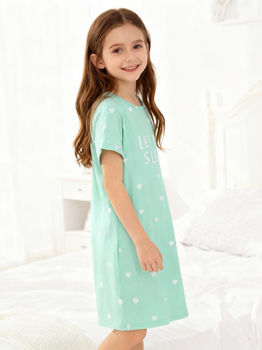 Girls Green Heart Print Short Sleeve Nightdress