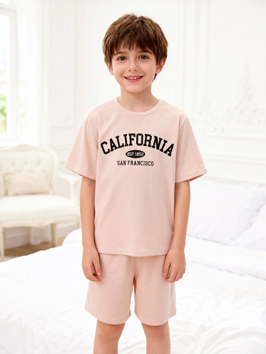Boys Beige California Print T-Shirt and Shorts Pyjama Set