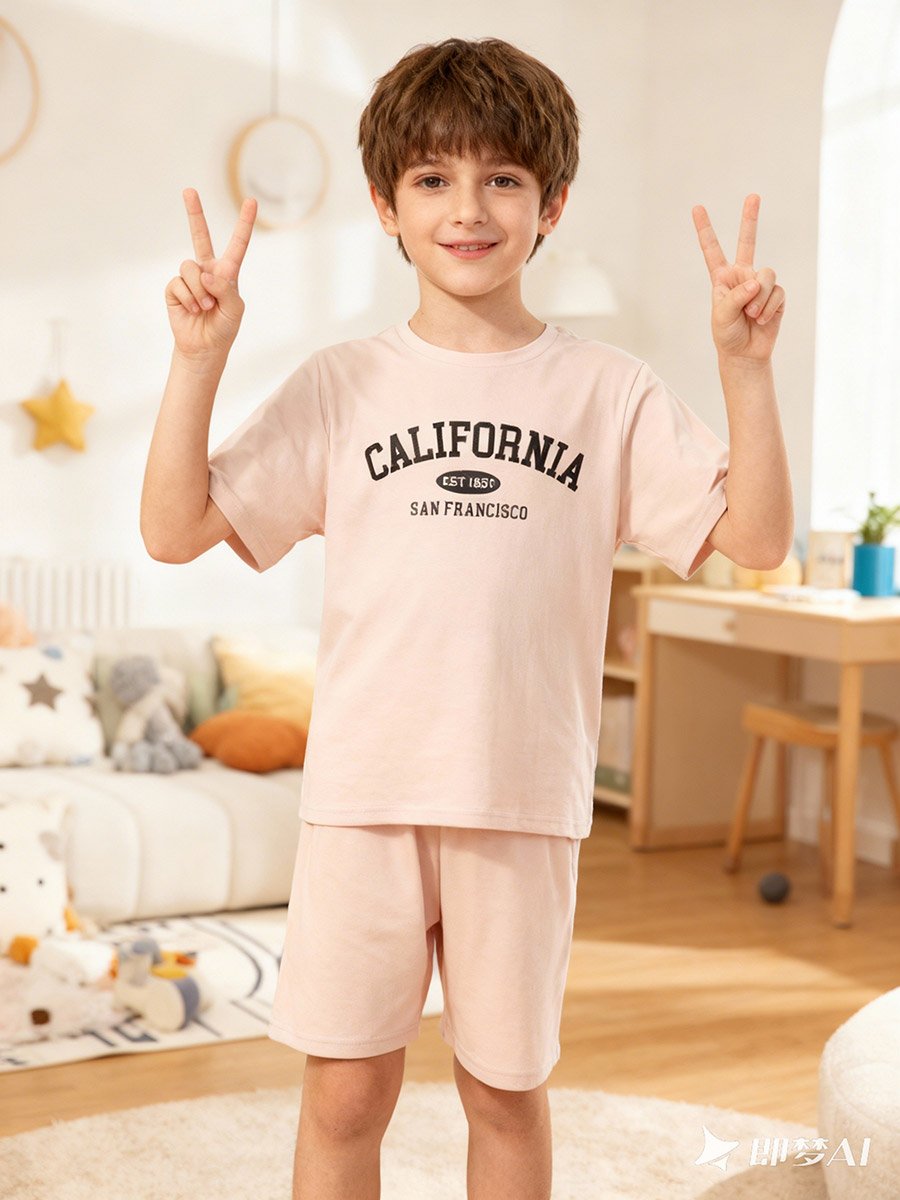 Boys Beige California Print T-Shirt and Shorts Pyjama Set