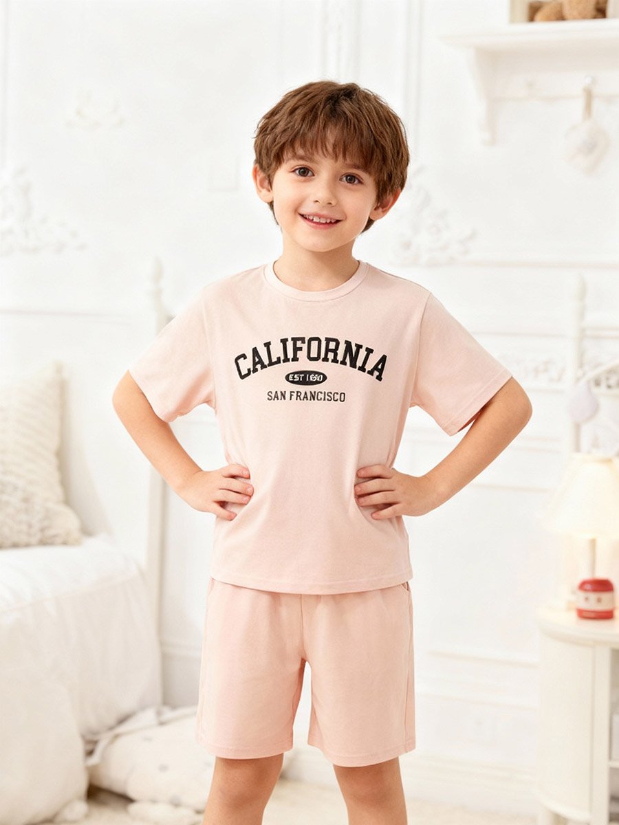 Boys Beige California Print T-Shirt and Shorts Pyjama Set