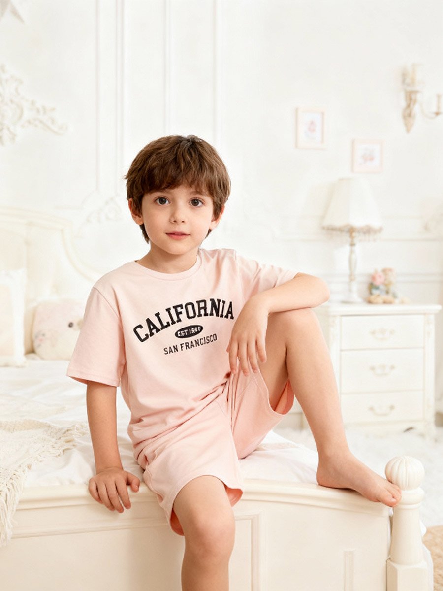 Boys Beige California Print T-Shirt and Shorts Pyjama Set