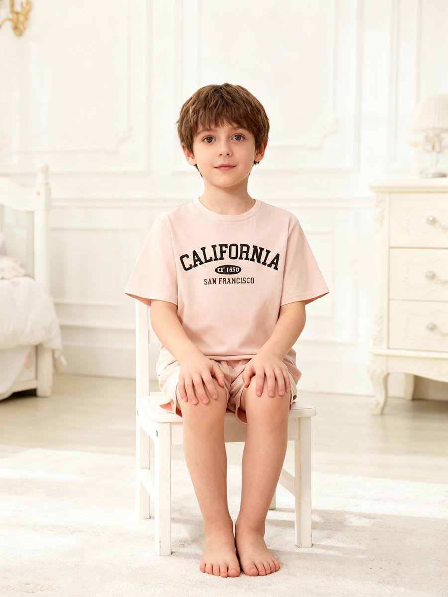 Boys Beige California Print T-Shirt and Shorts Pyjama Set
