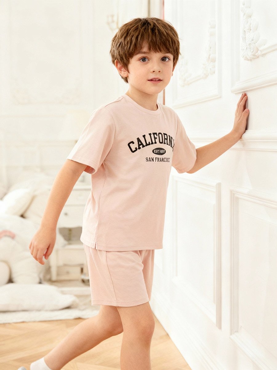 Boys Beige California Print T-Shirt and Shorts Pyjama Set