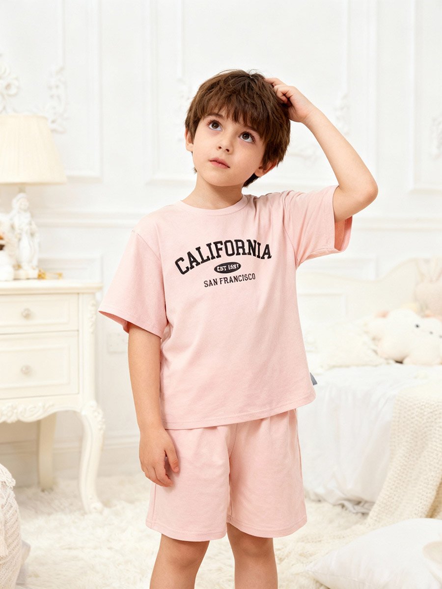 Boys Beige California Print T-Shirt and Shorts Pyjama Set