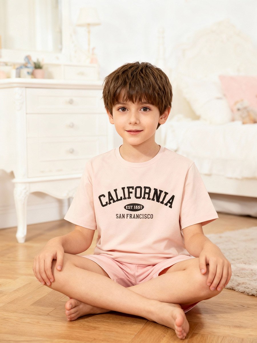 Boys Beige California Print T-Shirt and Shorts Pyjama Set