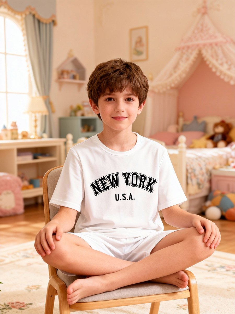 Boys White Graphic Print T-Shirt and Shorts Pyjama Set