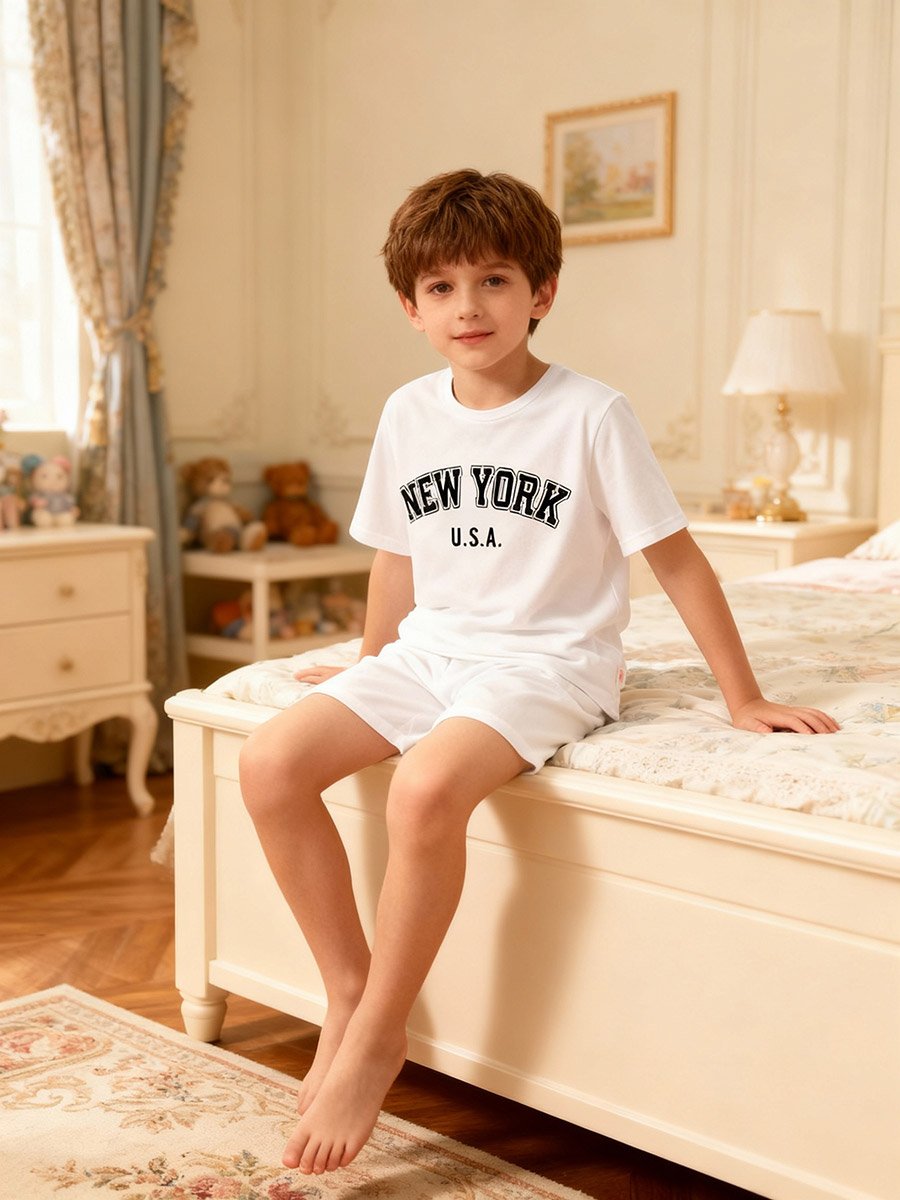 Boys White Graphic Print T-Shirt and Shorts Pyjama Set