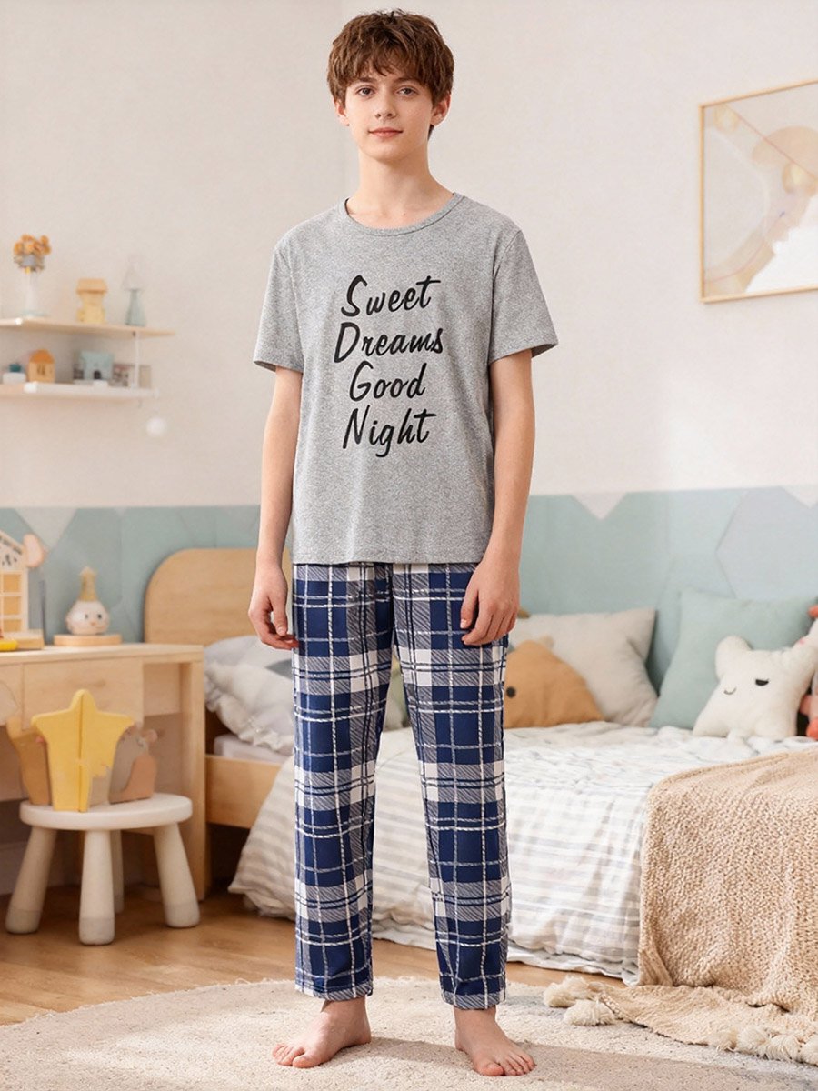 Boys Grey T-Shirt and Checked Pyjama Set