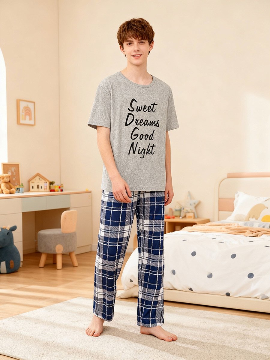 Boys Grey T-Shirt and Checked Pyjama Set