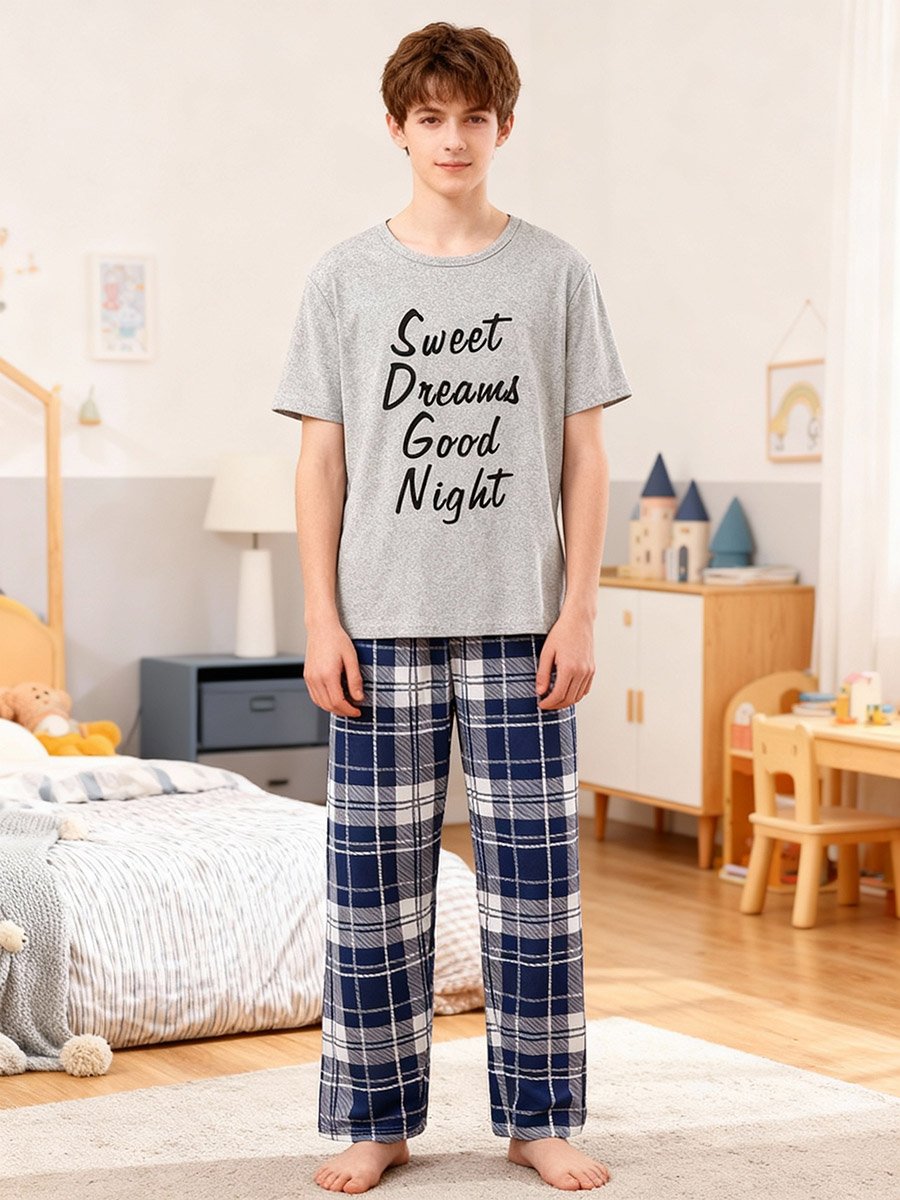Boys Grey T-Shirt and Checked Pyjama Set