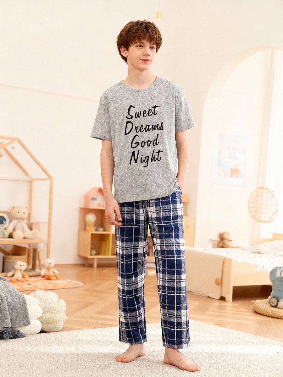 Boys Grey T-Shirt and Checked Pyjama Set