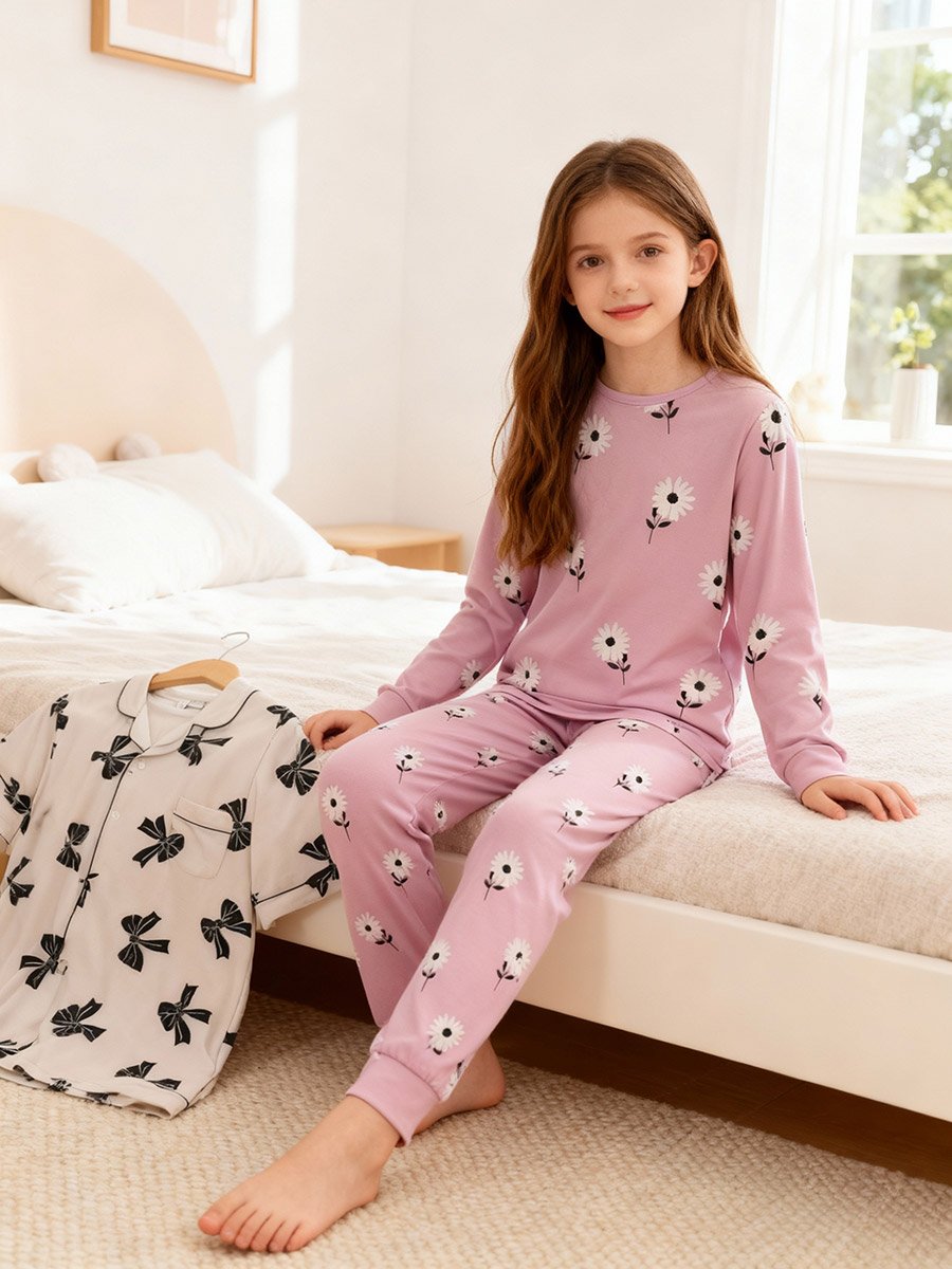 Girls Pink Daisy Print T-Shirt and Pyjama Set