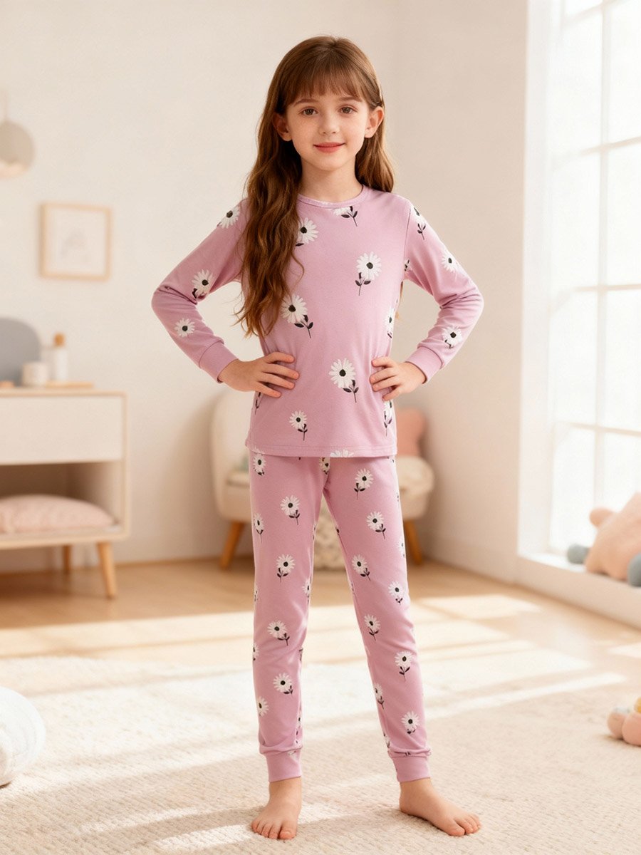 Girls Pink Daisy Print T-Shirt and Pyjama Set