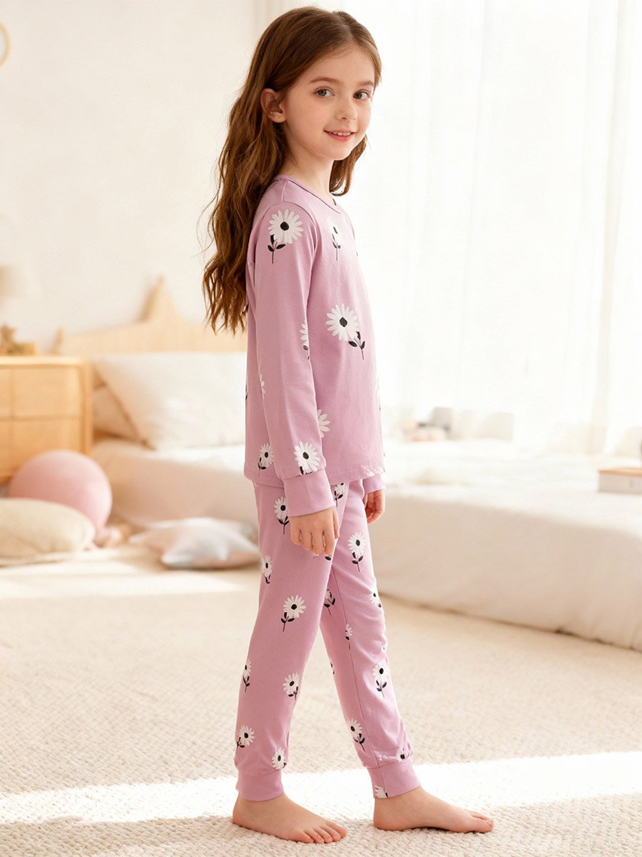 Girls Pink Daisy Print T-Shirt and Pyjama Set