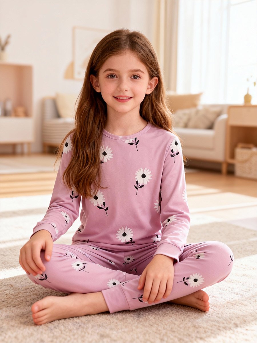 Girls Pink Daisy Print T-Shirt and Pyjama Set