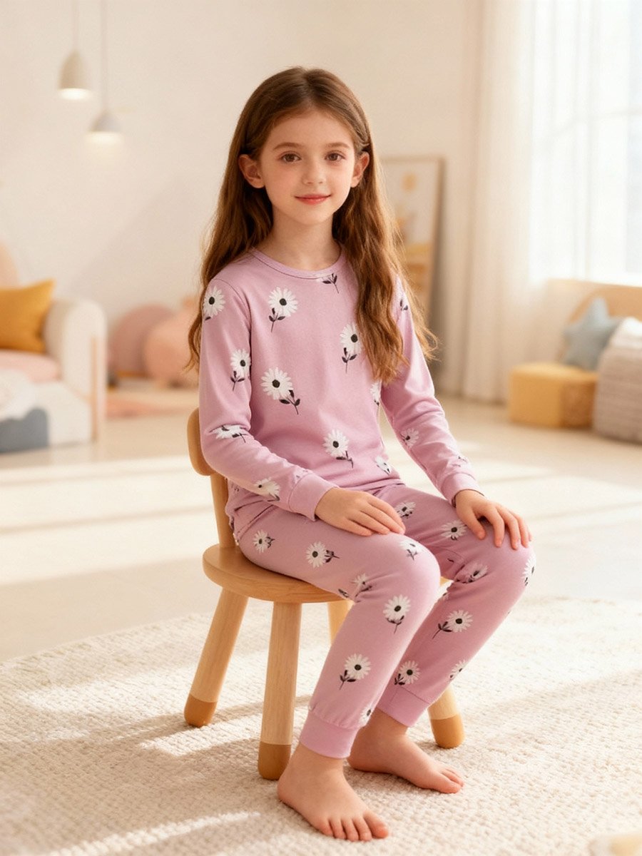 Girls Pink Daisy Print T-Shirt and Pyjama Set