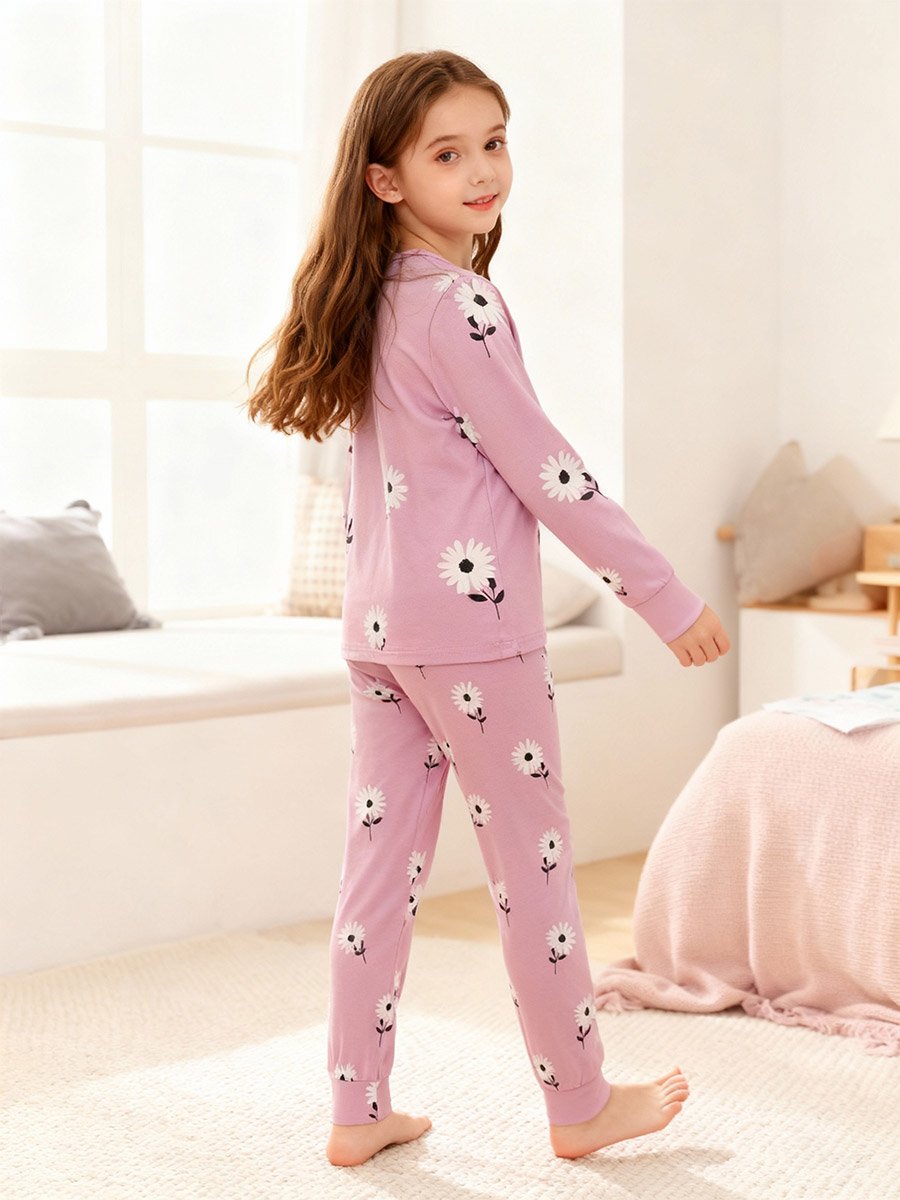 Girls Pink Daisy Print T-Shirt and Pyjama Set