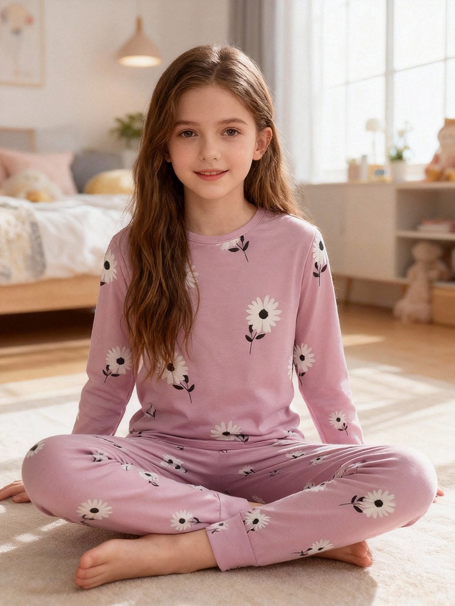 Girls Pink Daisy Print T-Shirt and Pyjama Set