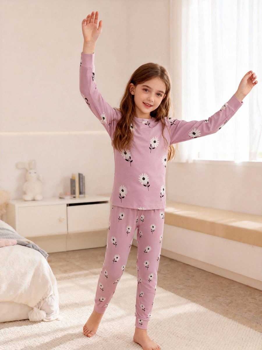 Girls Pink Daisy Print T-Shirt and Pyjama Set