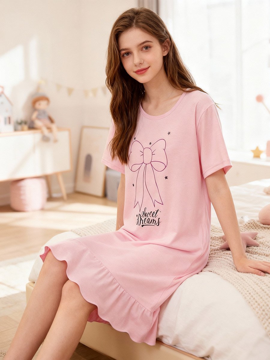 Girls Bow Print Short Sleeve Nightdress