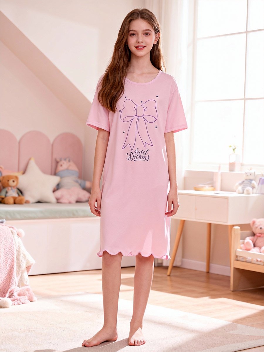 Girls Bow Print Short Sleeve Nightdress