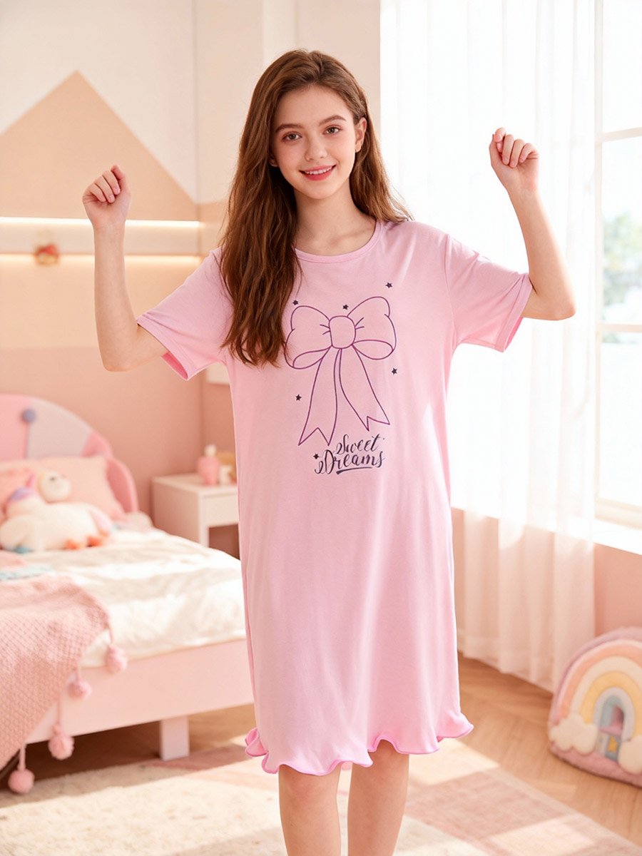Girls Bow Print Short Sleeve Nightdress