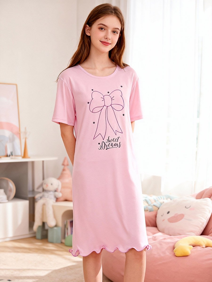 Girls Bow Print Short Sleeve Nightdress